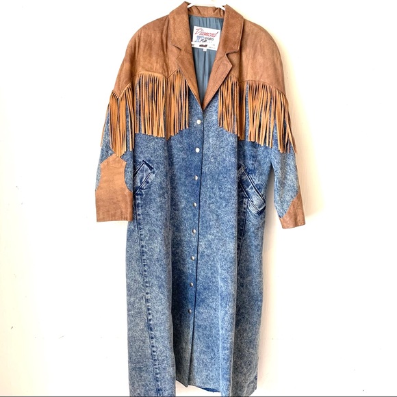 Vintage Jackets & Blazers - Vintage 80’s  Ladies Leather/Denim Fringed Coat
